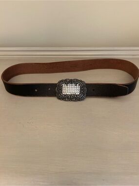 Fossil Black Leather Belt with Ornate Rhinestone -Accent Buckle